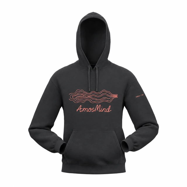 Hands-in-pocket hoodie mockup with AmosMind artwork