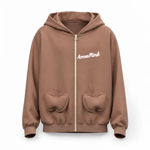 Heart-pocket zip-up hoodie mockup with AmosMind artwork