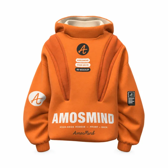 High-neck hoodie mockup with AmosMind artwork