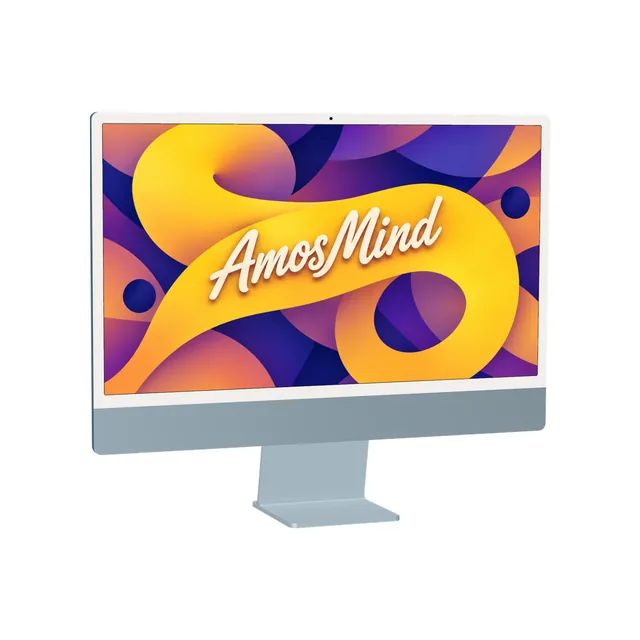iMac 24-inch mockup with AmosMind artwork