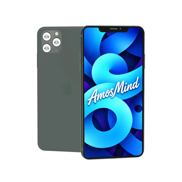 iPhone 11 Pro Max mockup with AmosMind artwork
