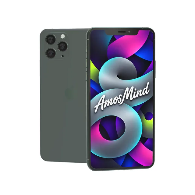 iPhone 11 Pro mockup with AmosMind artwork