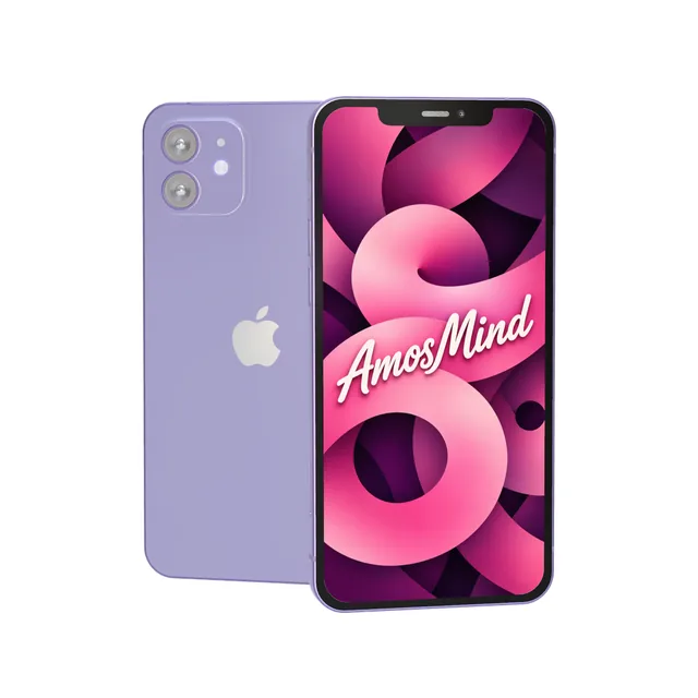 iPhone 12 mockup with AmosMind artwork