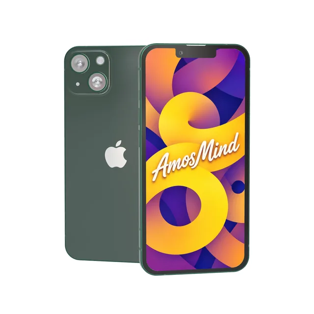 iPhone 13 mockup with AmosMind artwork