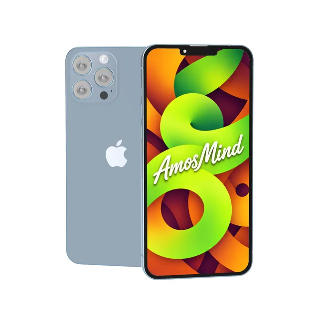 iPhone 13 Pro Max mockup with AmosMind artwork