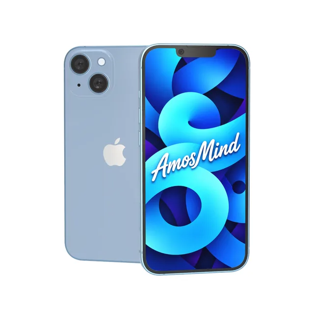iPhone 14 Plus mockup with AmosMind artwork