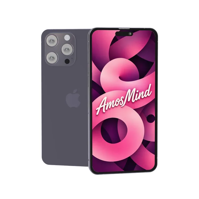 iPhone 14 Pro Max mockup with AmosMind artwork