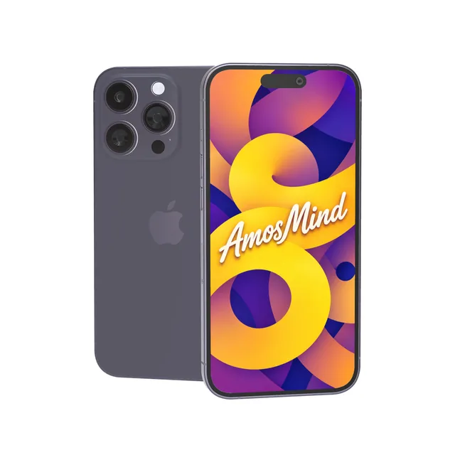 iPhone 14 Pro mockup with AmosMind artwork