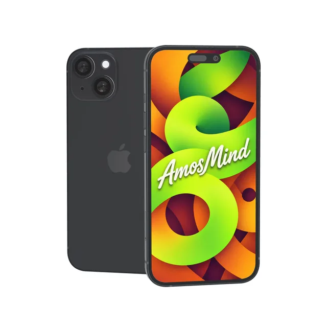 iPhone 15 mockup with AmosMind artwork