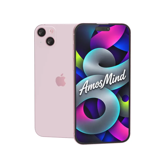 iPhone 15 Plus mockup with AmosMind artwork