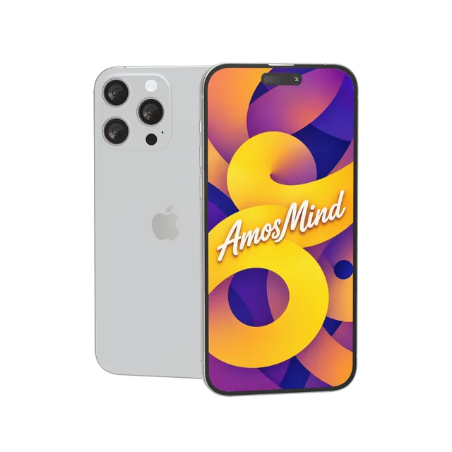 iPhone 15 Pro Max mockup with AmosMind artwork