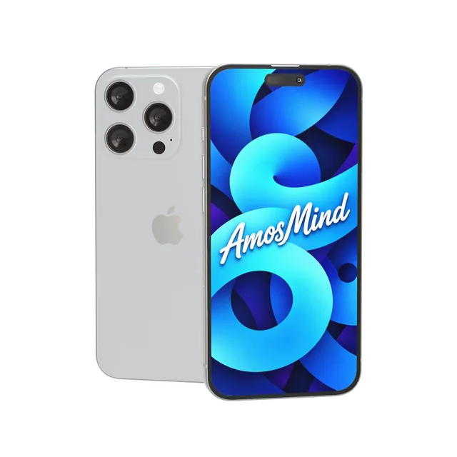 iPhone 15 Pro mockup with AmosMind artwork
