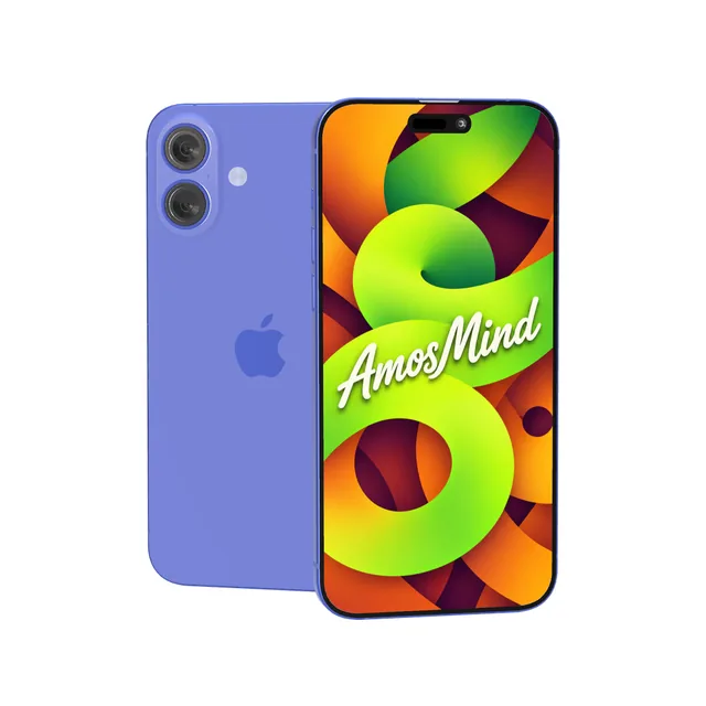iPhone 16 Plus mockup with AmosMind artwork