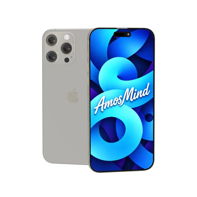 iPhone 16 Pro Max mockup with AmosMind artwork