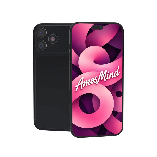 iPhone 18 Pro Max mockup with AmosMind artwork