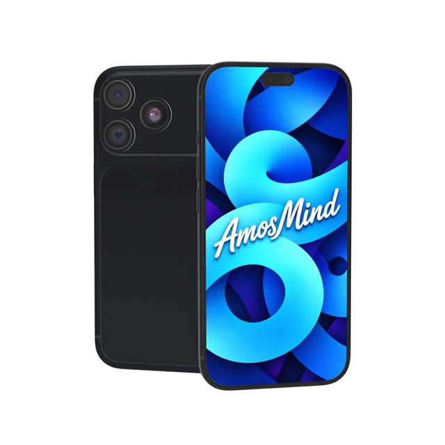 iPhone 18 Pro mockup with AmosMind artwork