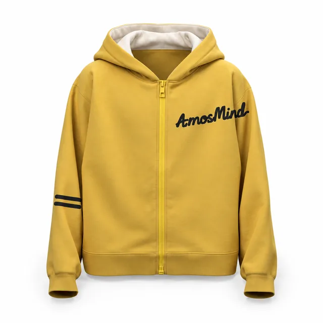Kangaroo-pocket yellow zip-up hoodie mockup with AmosMind artwork