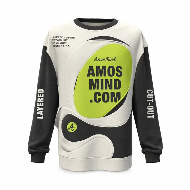 Layered cut-out sweatshirt mockup with AmosMind artwork