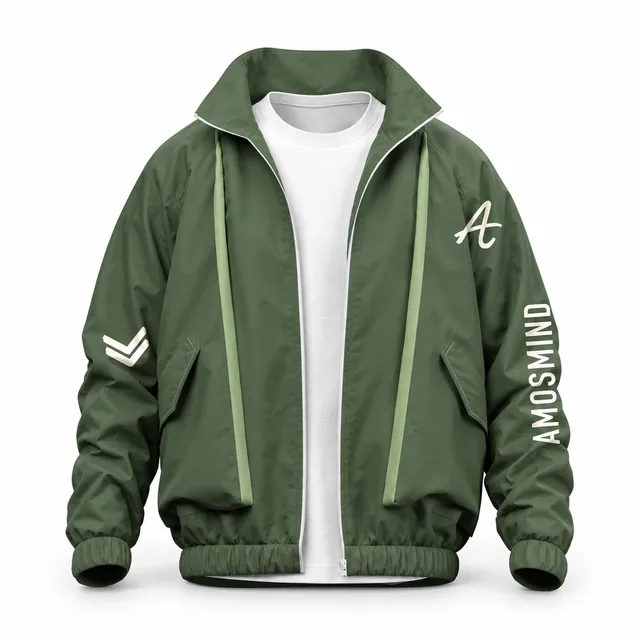 Layered green zip-up sweatshirt mockup with AmosMind artwork