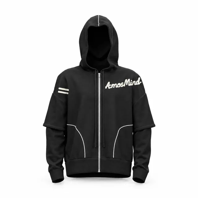 Layered-sleeve black zip-up hoodie mockup with AmosMind artwork