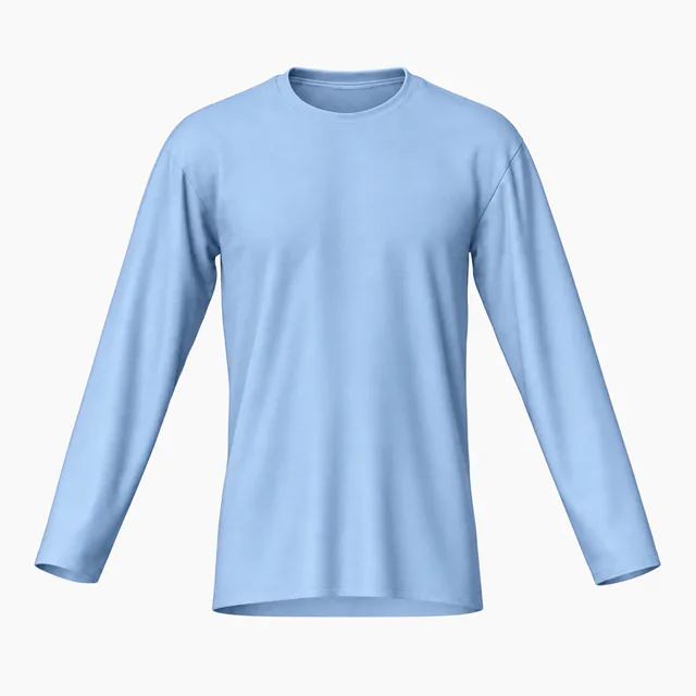 Blank light blue narrow crew-neck long-sleeve T-shirt mockup