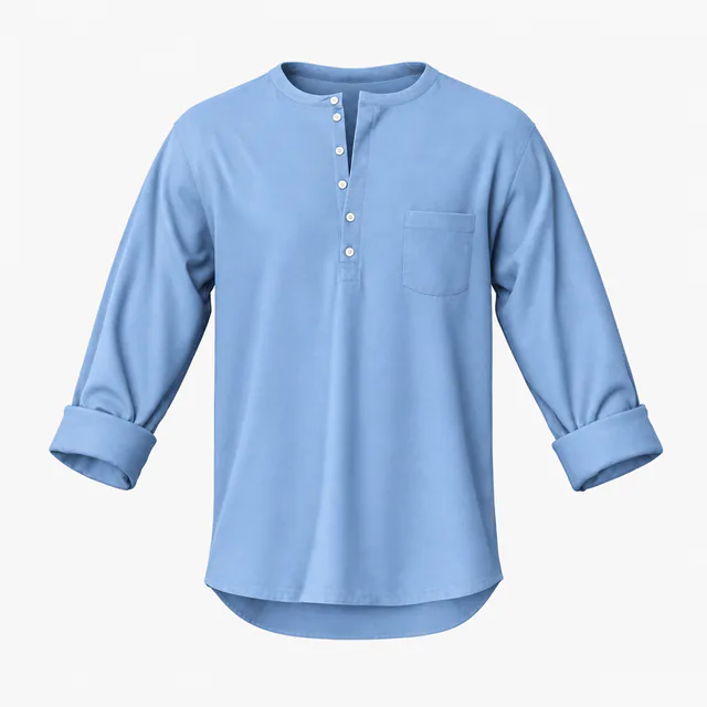 Blank light blue six-button pocket Henley with rolled sleeves mockup