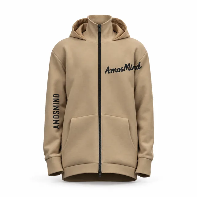 Longline beige zip-up hoodie mockup with AmosMind artwork