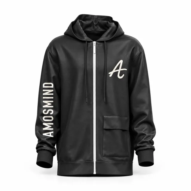Longline black zip-up hoodie mockup with AmosMind artwork