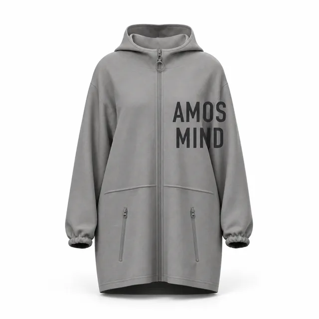 Longline grey zip-up hoodie mockup with AmosMind artwork