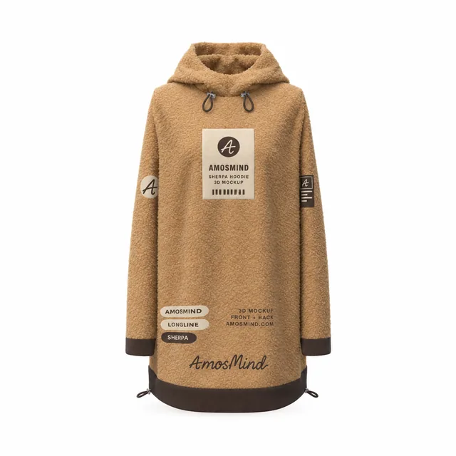 Longline sherpa hoodie mockup with AmosMind artwork