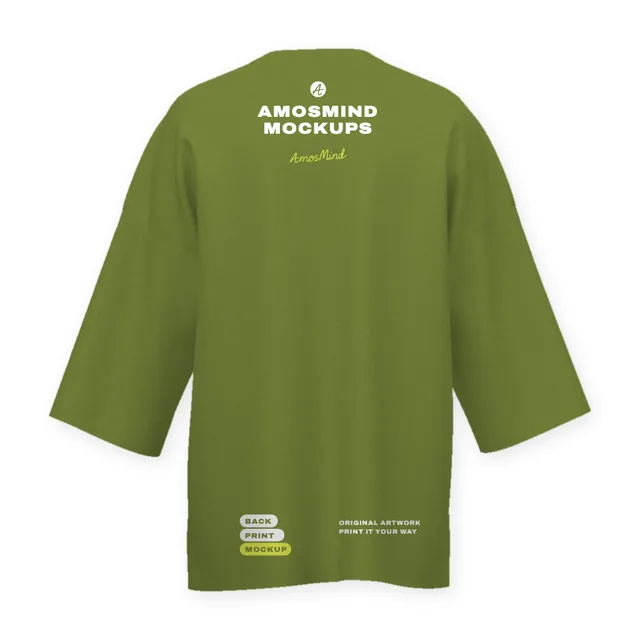 Back of the Longline wide-sleeve crew-neck T-shirt mockup with AmosMind artwork