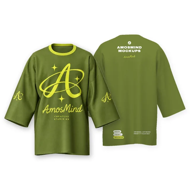 Longline wide-sleeve crew-neck T-shirt mockup shown front and back with AmosMind artwork