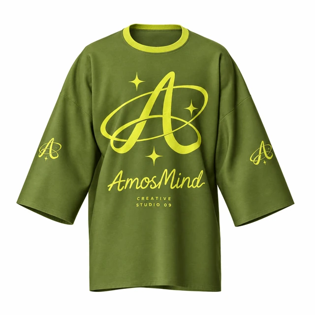 Longline wide-sleeve crew-neck T-shirt mockup with AmosMind artwork
