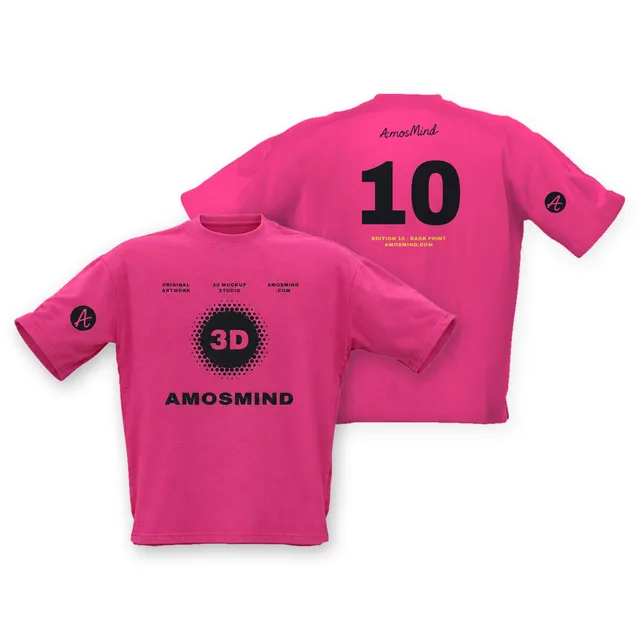 Loose-fit boxy T-shirt mockup shown front and back with AmosMind artwork