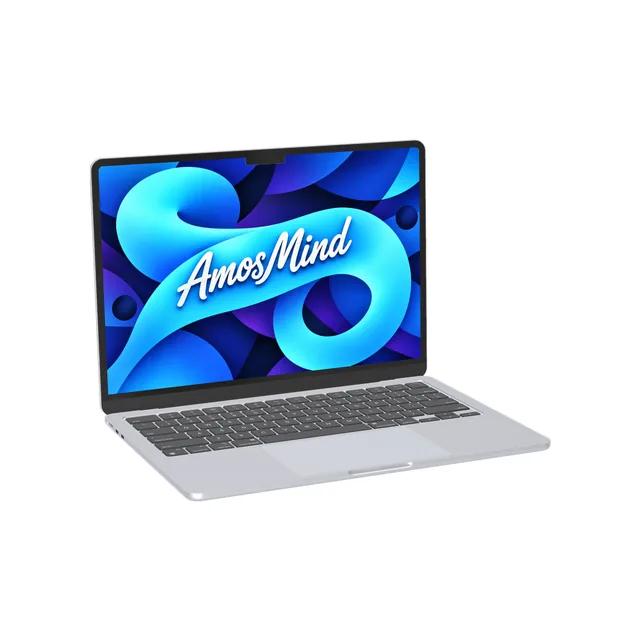 MacBook Air 13-inch M2 mockup with AmosMind artwork