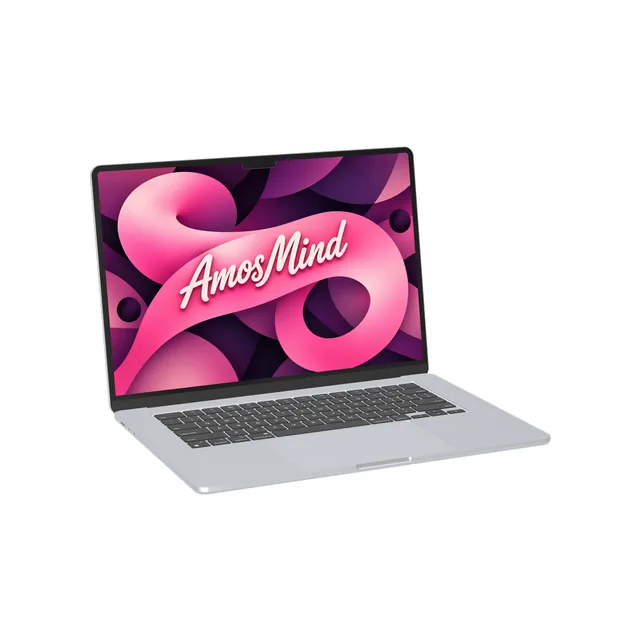MacBook Air 15-inch M2 mockup with AmosMind artwork