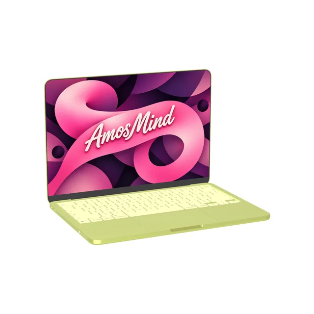 MacBook Neo mockup with AmosMind artwork
