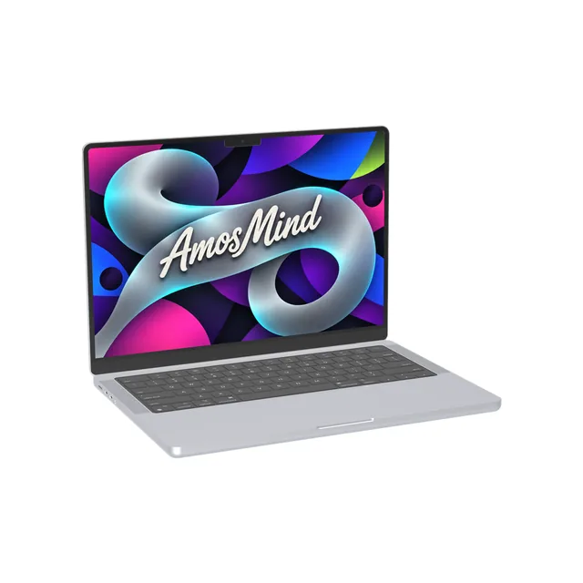 MacBook Pro 14-inch M3 mockup with AmosMind artwork