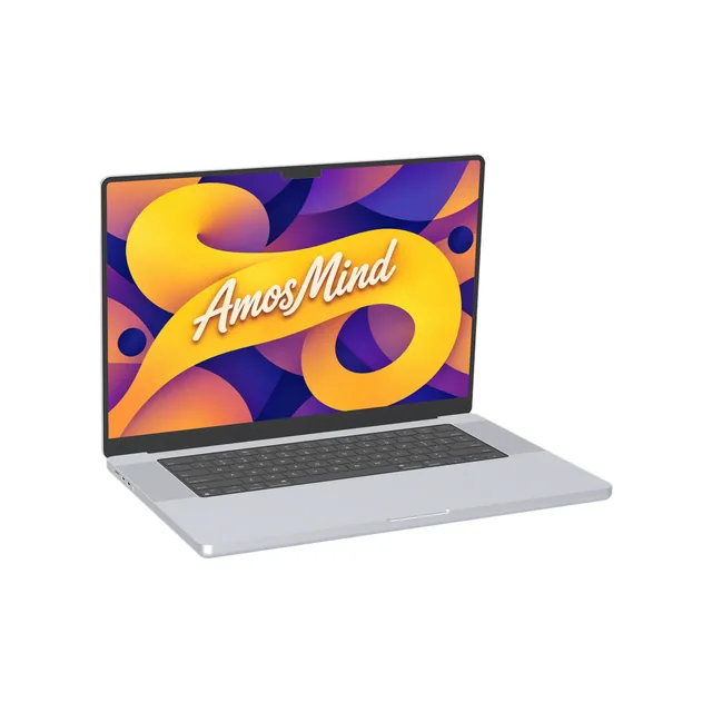 MacBook Pro 16-inch M1 mockup with AmosMind artwork