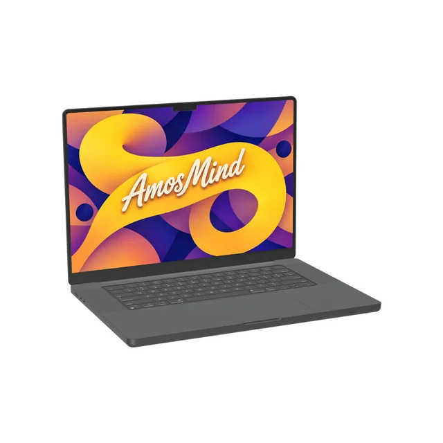MacBook Pro 16-inch M3 mockup with AmosMind artwork