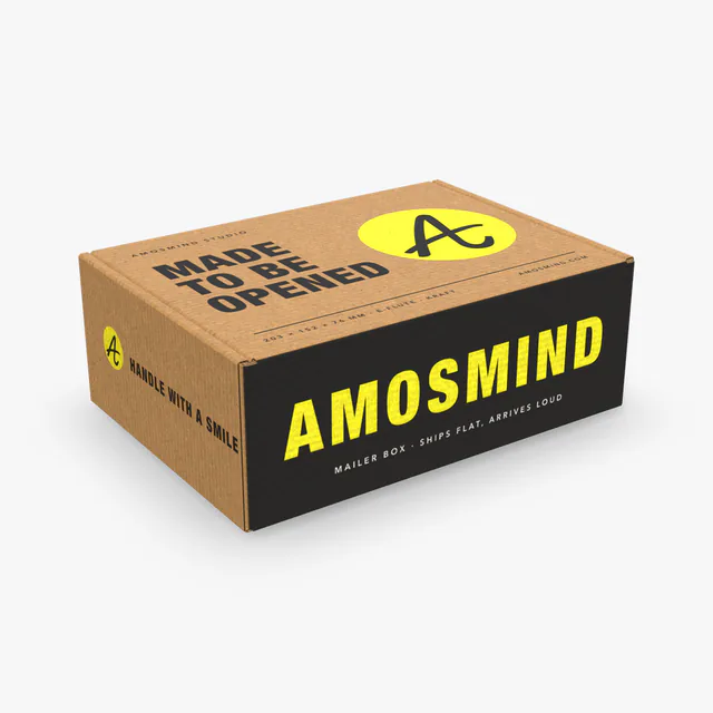 Mailer box mockup with AmosMind artwork