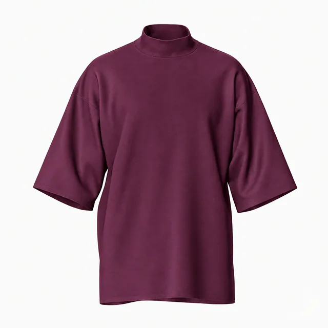 Blank maroon mock-neck relaxed T-shirt mockup