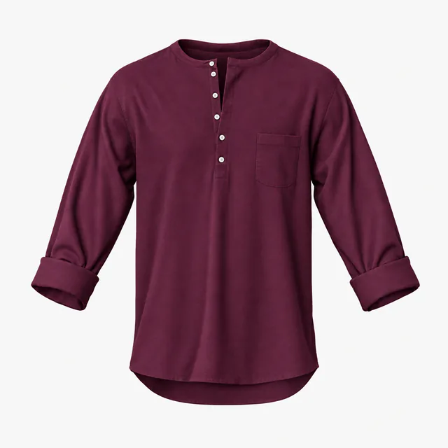 Blank maroon six-button pocket Henley with rolled sleeves mockup