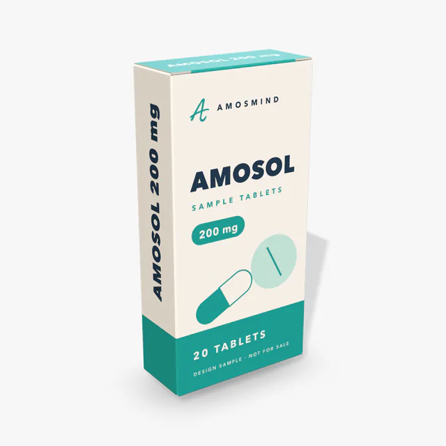 Medicine box mockup with AmosMind artwork