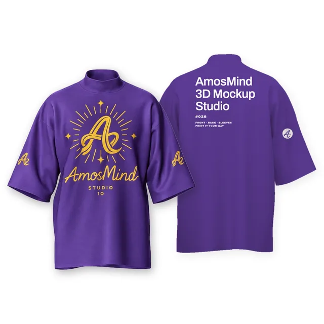 Mock-neck relaxed T-shirt mockup shown front and back with AmosMind artwork