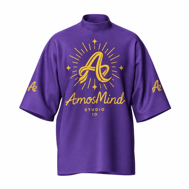 Mock-neck relaxed T-shirt mockup with AmosMind artwork