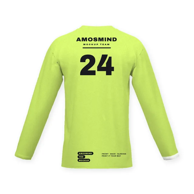 Back of the Narrow crew-neck long-sleeve T-shirt mockup with AmosMind artwork