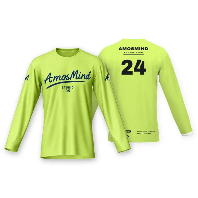 Narrow crew-neck long-sleeve T-shirt mockup shown front and back with AmosMind artwork