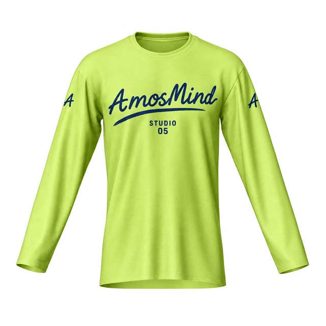 Narrow crew-neck long-sleeve T-shirt mockup with AmosMind artwork