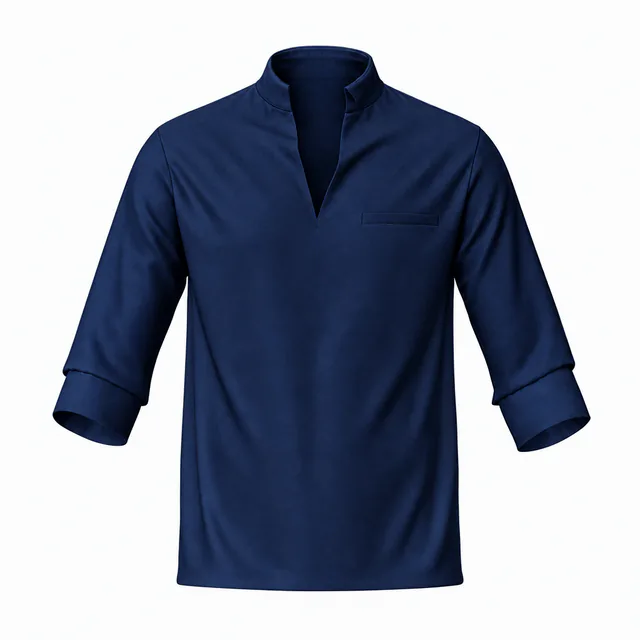 Blank navy stand-collar placket T-shirt with rolled sleeves mockup